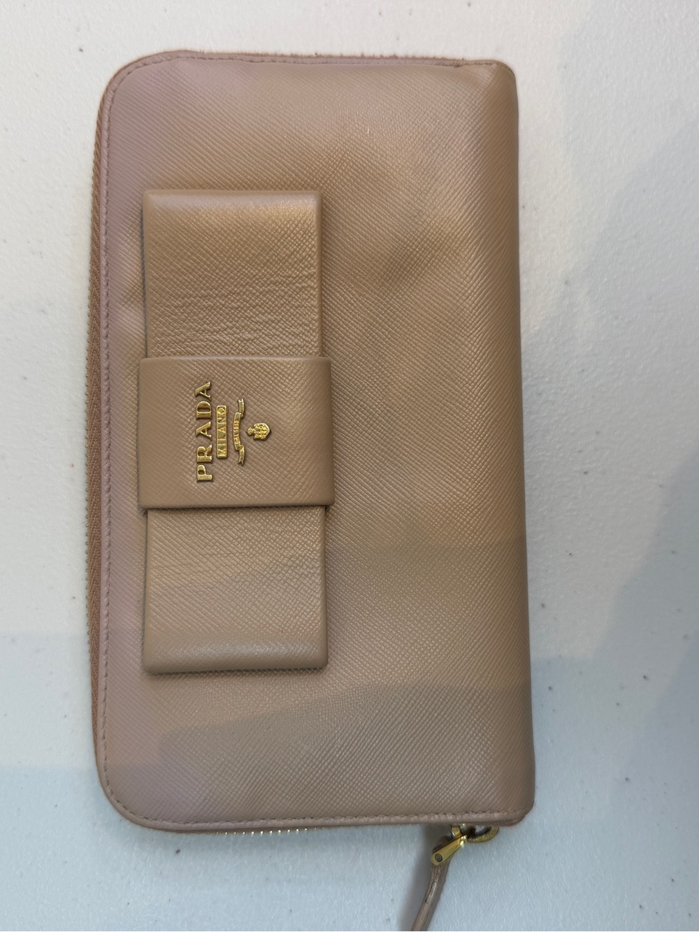 Prada Saffiano Zip Wallet with Bow in Taupe Beige
